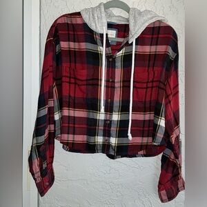 American Eagle Red and Blue Plaid Hooded Cropped Shirt